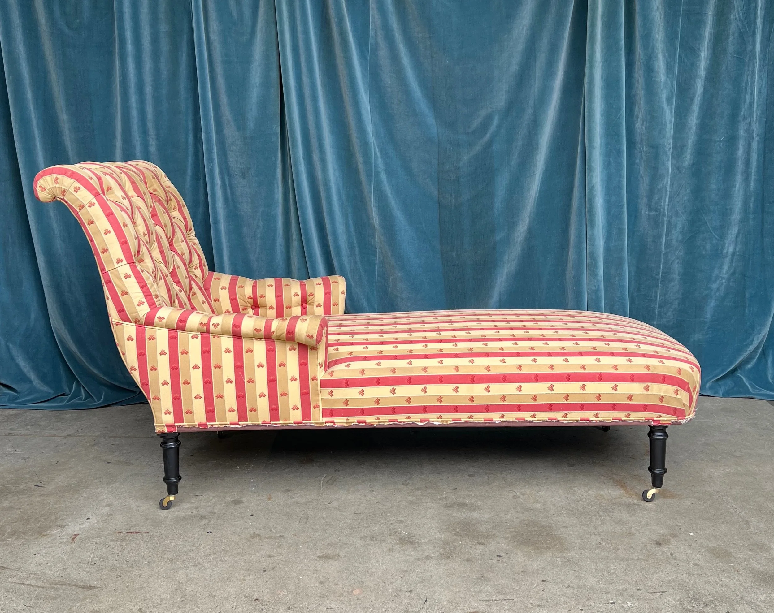Large French Scrolled Back Chaise Longue in Striped Patterned Fabric SCH0615 14 145 Antiques